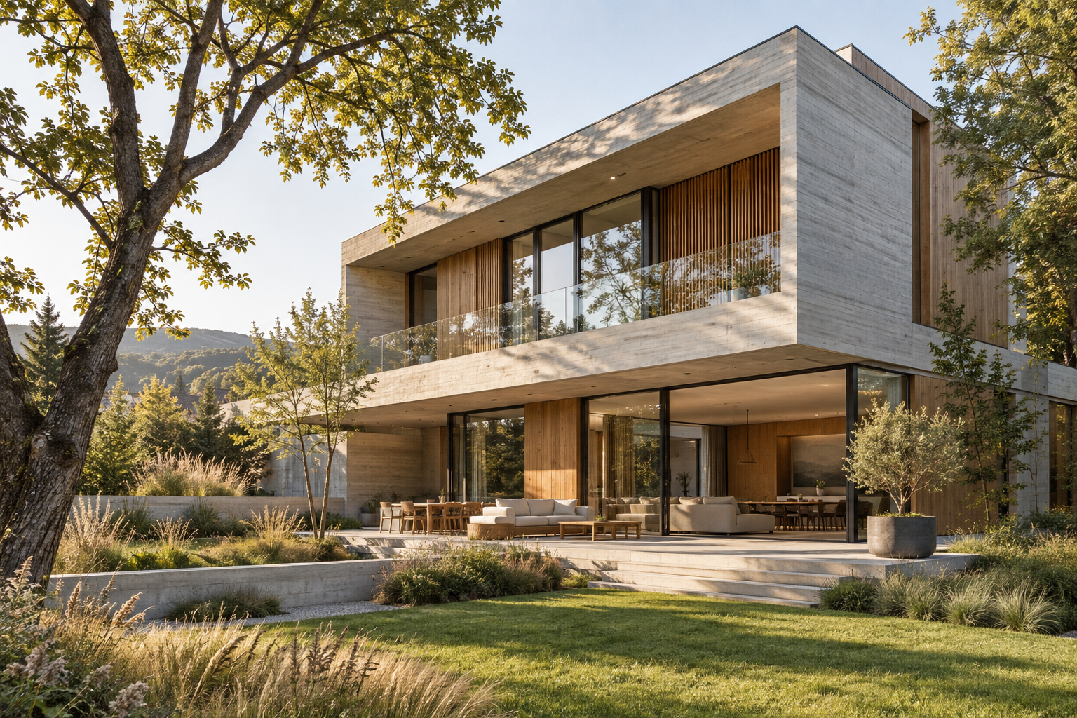 Casă contemporană cu grădină — imagine conceptuală